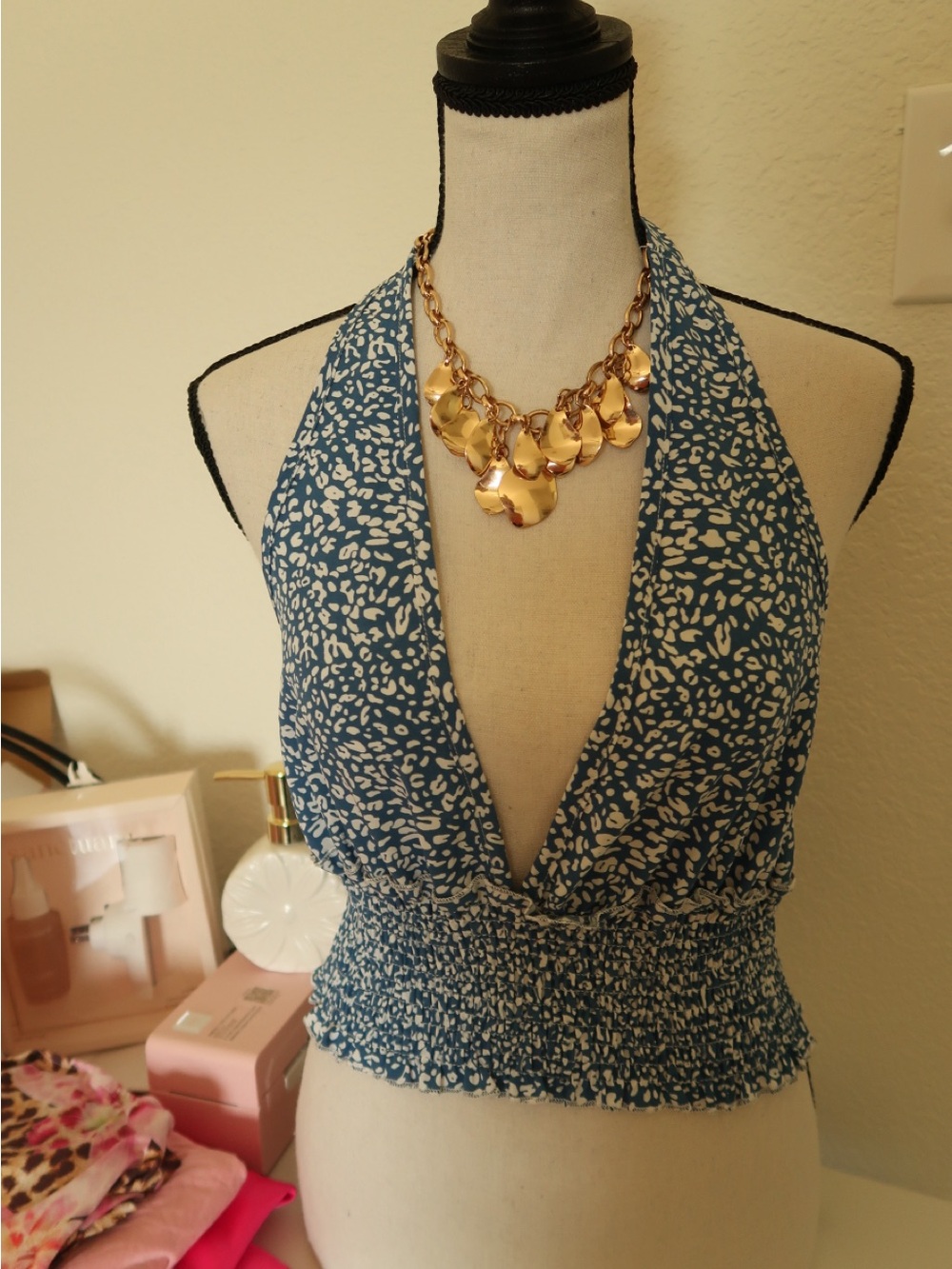 SHEIN Blue and White Halter Smocked Waist Cami - Picture 2 of 5